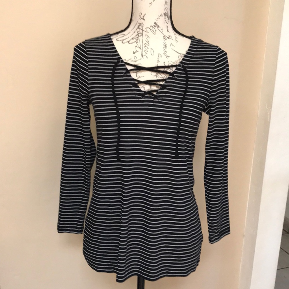 OLD NAVY Black White Striped Lace Up Neckline.  Size Medium